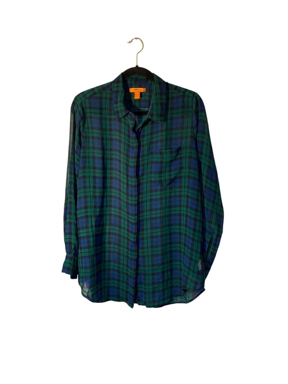 Joe fresh women’s tartan plaid, blue and green holiday Blouse XL